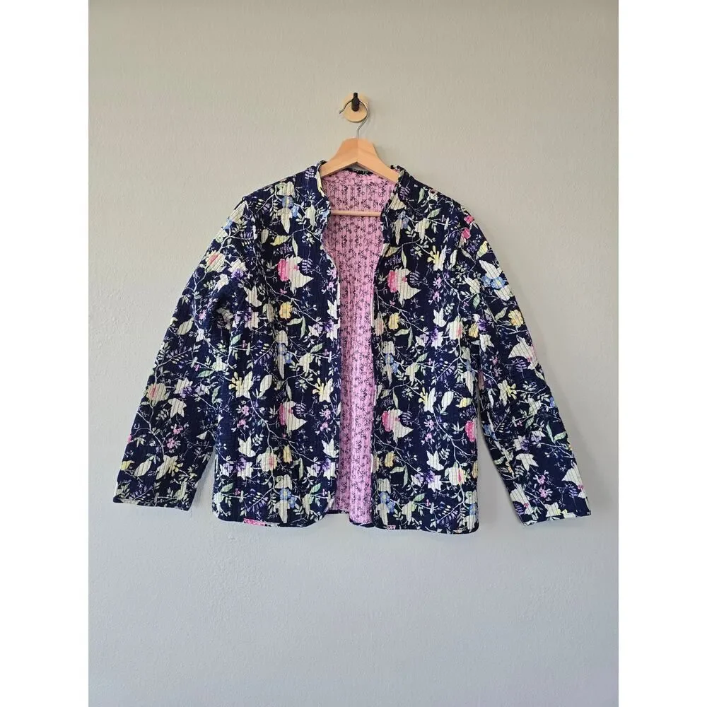 Reversible Quilted Floral Jacket Cottagecore Cotton Women Size L Vintage Boho
